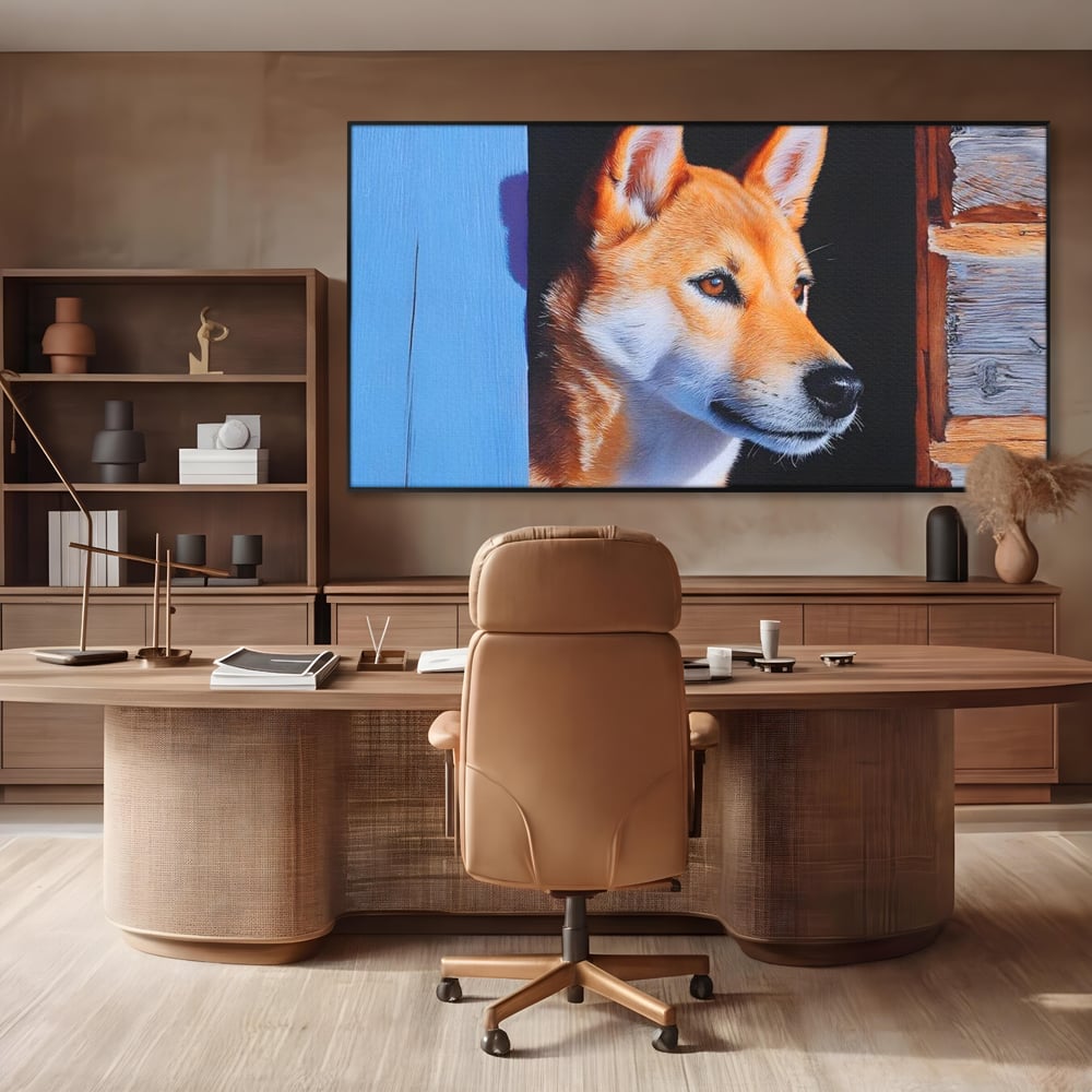 Tablou canvas cu tablou canvas cu portret de caine shiba, in rama de aluminiu negru, pe perete intr-un birou